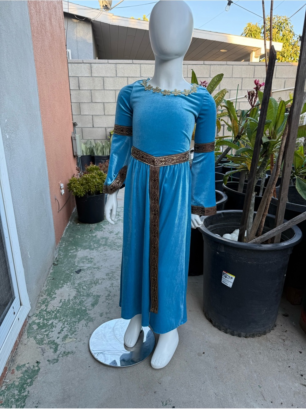 Girls' Blue Velvet Medieval Princess Costume Dress with Gold Trim
